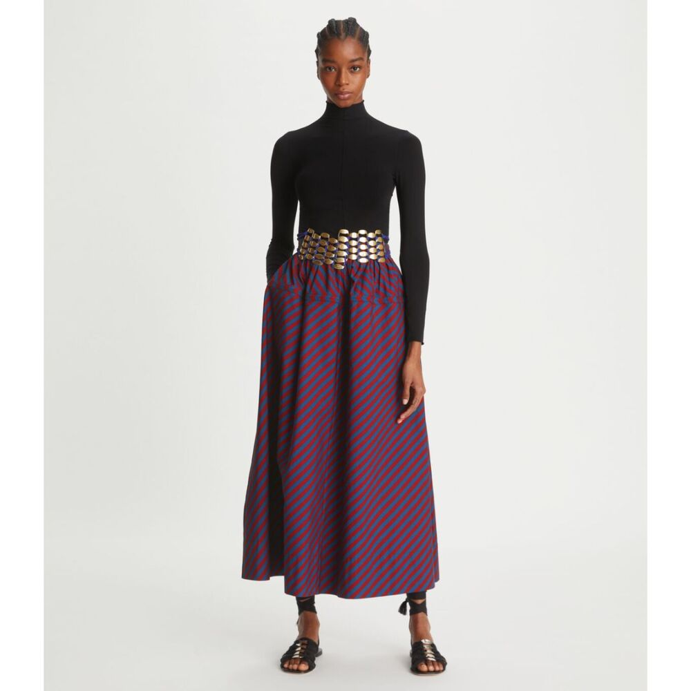 Tory Burch Purple and Red Diagonal-Stripe Midi Skirt